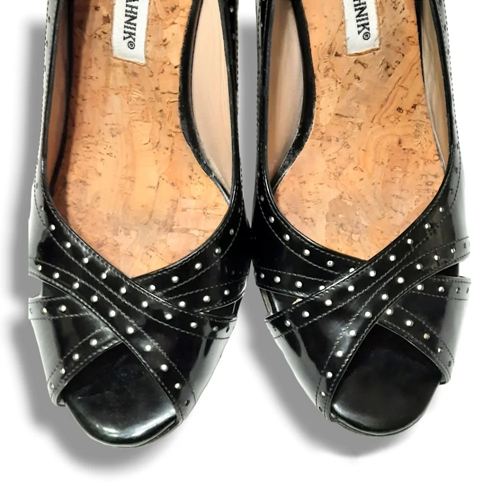 MANOLO BLAHNIK Slingback Sandals Black Perforated Patent Size 39 Peep Toe Pump - Picture 4 of 13